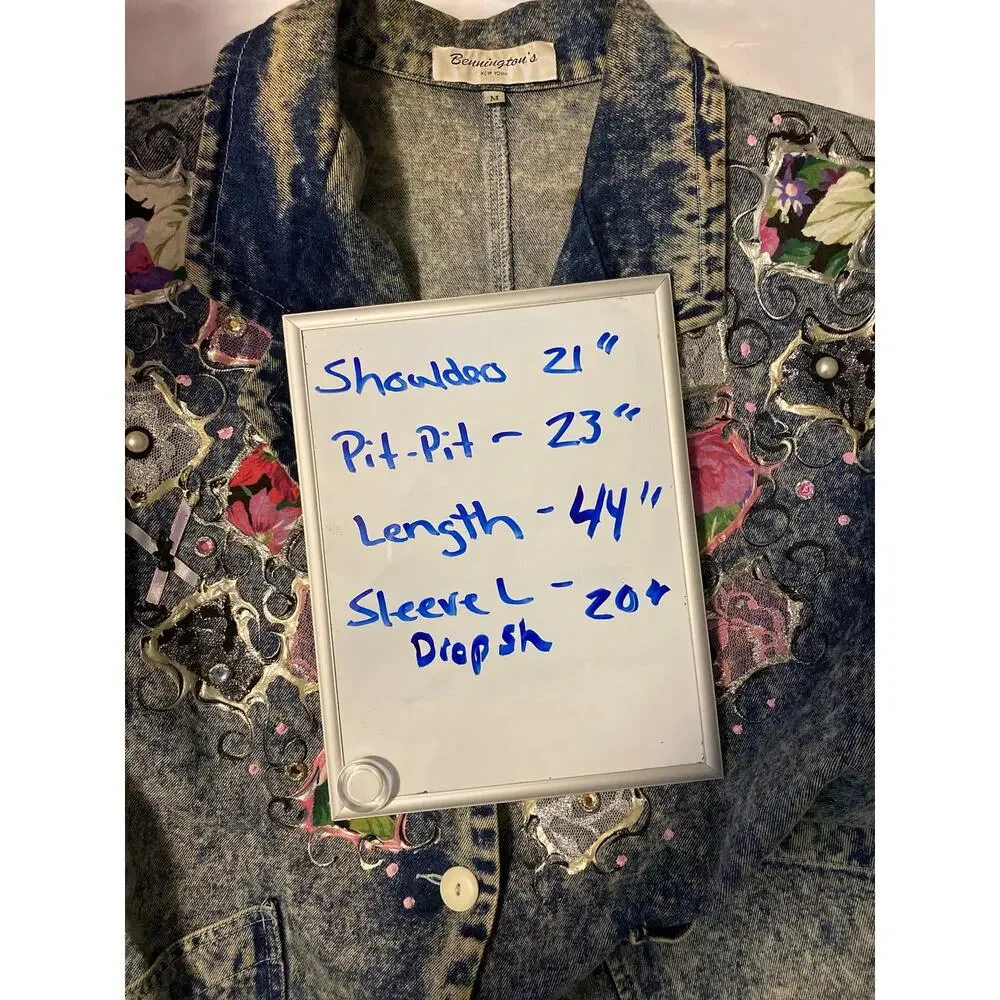 Vtg Acid Wash‎ Denim embellished Benningtons New York Duster Trench 80s M